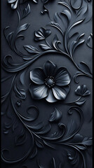 Wall Mural - The image depicts a dark, intricate floral pattern on a textured background, featuring detailed, swirling vines and leaves surrounding a central, elegantly sculpted flower