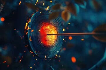 Poster - A fiery arrow striking a wooden target, surrounded by enchanting bokeh lights and vibrant colors.