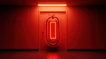 Poster - Bright Red Fire Alarm in Modern Interior with Neon Lighting