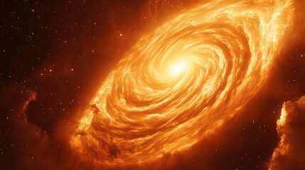 Poster - Fiery orange spiral galaxy swirling in dark space.