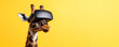 © Denis - Giraffe wearing digital VR headset on head against vibrant yellow background with copy space, funny greeting card, playing games. Free time activity concept.