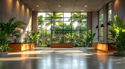 Poster - Minimalist hall with lush plants.