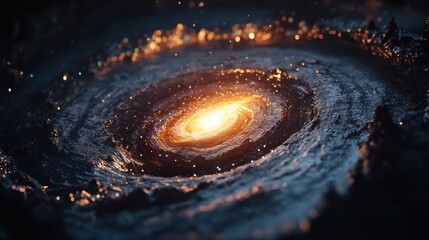 Poster - A mesmerizing cosmic swirl of golden light emerges from a dark, starry galaxy.