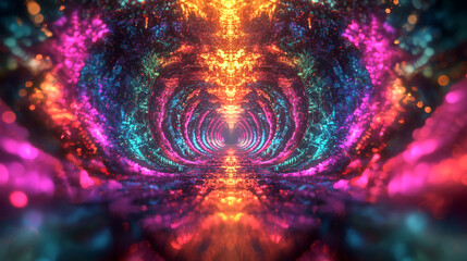 Poster - Vibrant abstract tunnel illuminated by colorful lights in a digital landscape