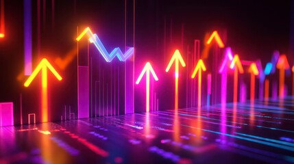 Fototapete - Neon arrows ascend in a vibrant, futuristic data visualization, symbolizing growth and success.