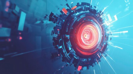Poster - Abstract swirling sphere with vibrant red and blue light streaks.