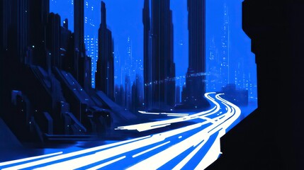 Poster - Futuristic city night scene with glowing highway.