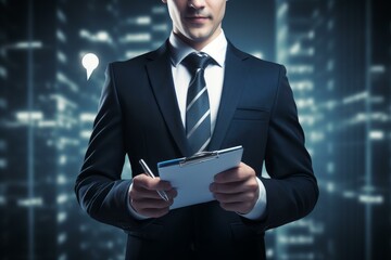 Poster - Businessman taking notes on clipboard in modern server room with speech bubble icon