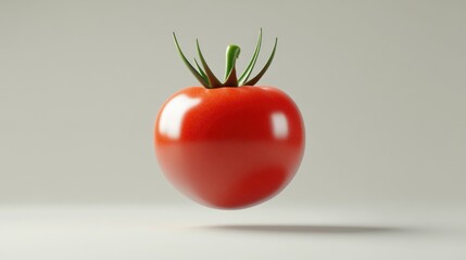 Single red tomato levitating against a neutral background.