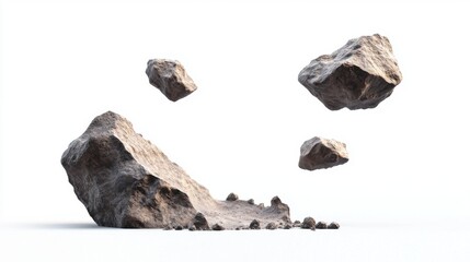 Poster - Abstract composition of floating rocks creating a surreal focal point against a white backdrop.