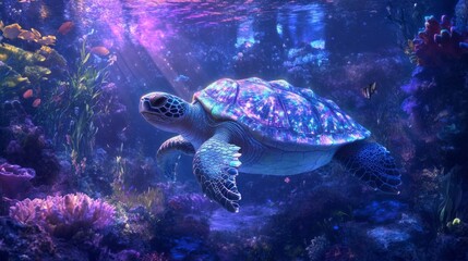 Poster - A magnificent turtle swims serenely in a mesmerizing ocean, its crystal shell radiating enchanting colors. Surrounding corals and aquatic life create a magical underwater habitat