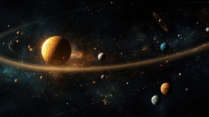 Poster - A breathtaking view of a vibrant solar system featuring planets and rings in a starry cosmic backdrop.