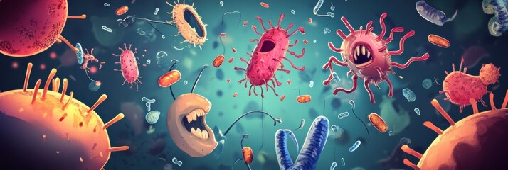 Poster - Cartoon bacteria engage in playful battle with antibodies in a vibrant, animated environment. Generative AI