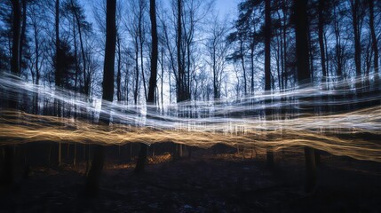 Poster - Light trails in a dark forest at dusk.