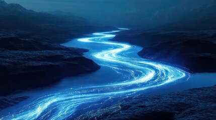 Poster - Glowing river flowing through dark mountain landscape at night.