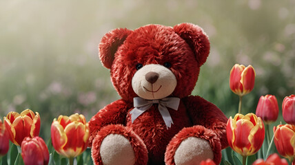 A cuddly teddy bear, a beautifully wrapped gift, and a vibrant bouquet of flowers come together in a heartwarming display