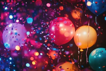 Poster - Colorful balloons and sparkling confetti create a vibrant atmosphere for celebrations and festive gatherings. Generative AI