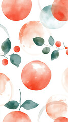 Wall Mural - This image features an abstract illustration with various watercolor circles in shades of red and green, some of which have leaves and small berries attached, creating a visually appealing and organic