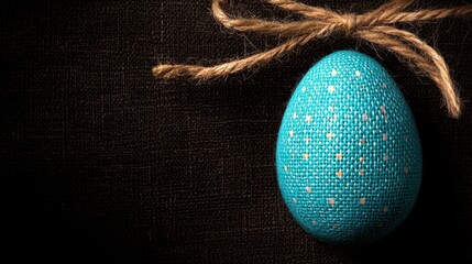 Canvas Print - A blue easter egg tied with twine on a black background