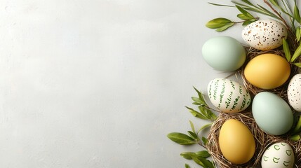 Wall Mural - A nest filled with colorful painted eggs on a gray background