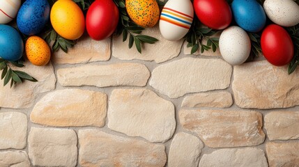 Wall Mural - A group of colorful easter eggs sitting on top of a stone wall