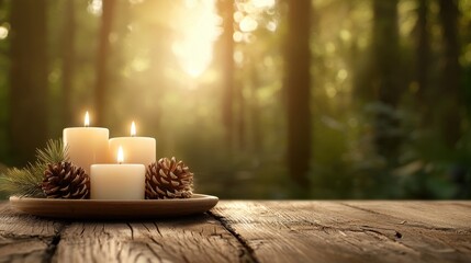 Sticker - A wooden table topped with three white candles and pine cones