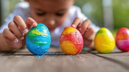 Wall Mural - A child is painting easter eggs on a wooden table