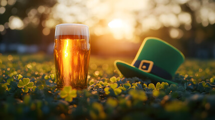 a pint of golden beer sparkles beneath the warm twilight sky, nestled next to a cheerful green lepre