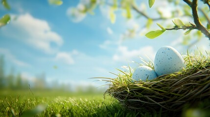 Wall Mural - A nest with two blue eggs sitting on top of it in the grass