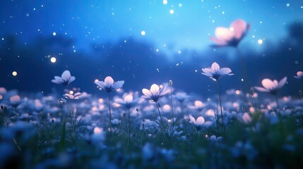 Poster - Glowing white flowers in a field at night under a starry sky.