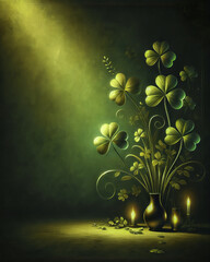 St. Patrick's Day-themed background featuring fewer clovers with dramatic chiaroscuro lighting and a refined atmosphere