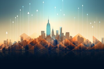 Poster - New york city skyline at sunset with growing arrows, symbolizing economic growth and investment opportunities