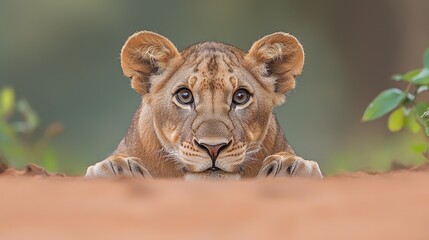 Wall Mural - A young lion cub peeking out from behind a hole in the ground