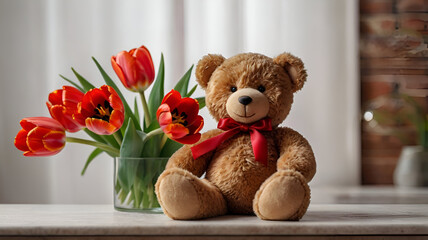 A cuddly teddy bear, a beautifully wrapped gift, and a vibrant bouquet of flowers come together in a heartwarming display