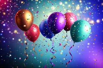 Poster - Colorful balloons and confetti create a joyful atmosphere for celebrations during festive gatherings. Generative AI