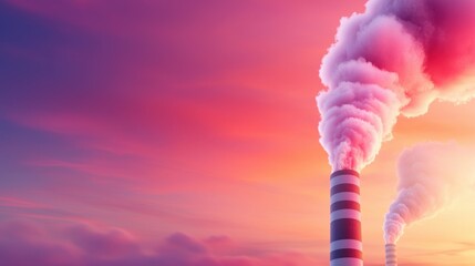 Canvas Print - A factory with smoke coming out of the chimneys at sunset