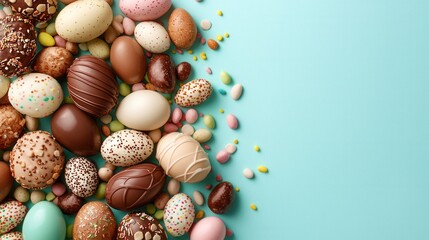 Wall Mural - A pile of chocolate easter eggs on a blue background