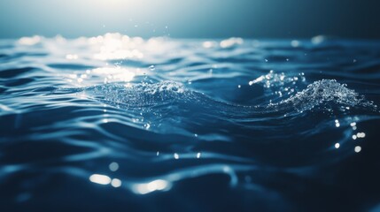 Poster - Serene close-up of rippling water, capturing reflections and bubbles in a tranquil blue setting.