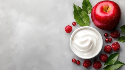 Poster - A bowl of yogurt next to a red apple and raspberries