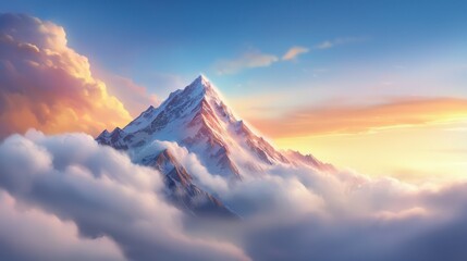 Canvas Print - A mountain in the clouds with a sunset in the background