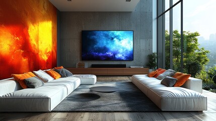 Poster - Modern living room, bright art, large TV.