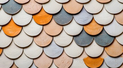 Poster - Colorful, textured tiles arranged in a layered pattern, creating a visually appealing design with shades of orange, gray, and beige.