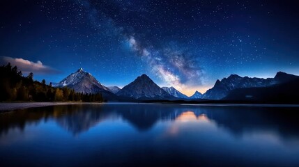 Wall Mural - a beautiful night sky with a large body of water and mountains in the background