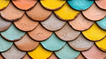 Poster - Colorful textured roof tiles arranged in a fish scale pattern, showcasing a blend of pastel hues.