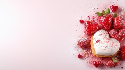 Poster - A heart shaped cookie surrounded by strawberries on a pink background