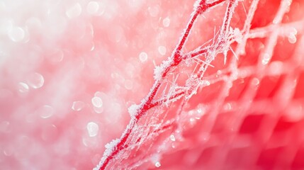 Poster - A close-up of frosted netting with a soft red background, capturing the intricate ice crystals and bokeh effect.