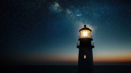 Wall Mural - a lighthouse is lit up in the dark night sky