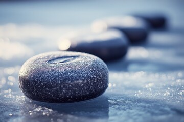 Poster - A serene arrangement of smooth, dark stones dusted with frost, creating a calming winter scene.