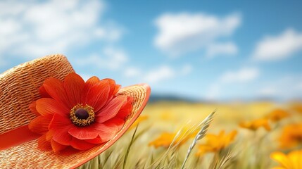 Wall Mural - A straw hat with a red flower in a field of yellow flowers