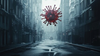 Poster - Urban street devoid of life featuring a large symbolic virus motif floating above the ground during a gloomy atmosphere. Generative AI